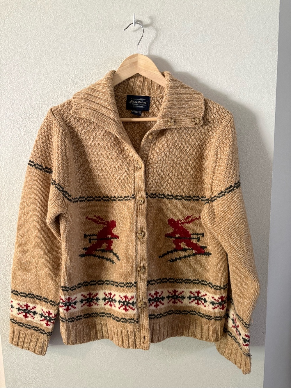 Vintage Eddie Bauer Lamb’s Wool Beige Nordic Ski-Patterned Button Cardigan Large